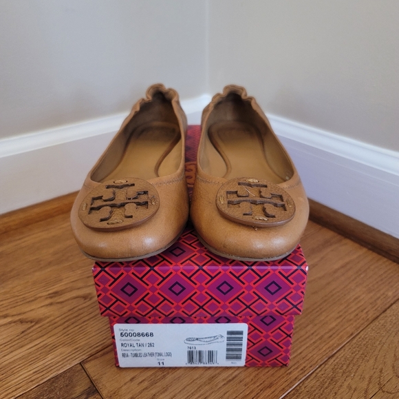 Authentic Tory Burch Reva Tumbled Leather Tan Flats Size 11 - Picture 10 of 10